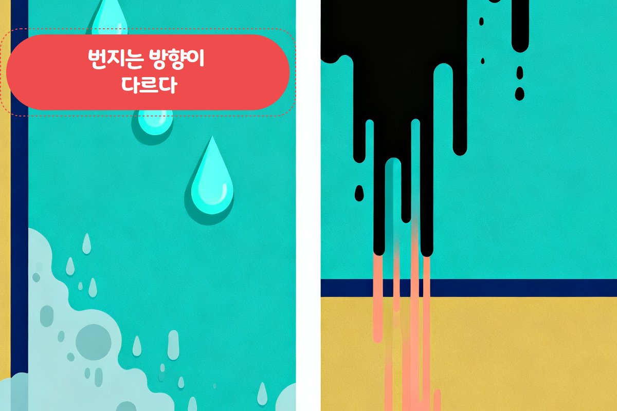 결로 곰팡이(흰빛·외벽 모서리)와 누수 곰팡이(검은 점·위에서 아래 번짐) 병렬 비교