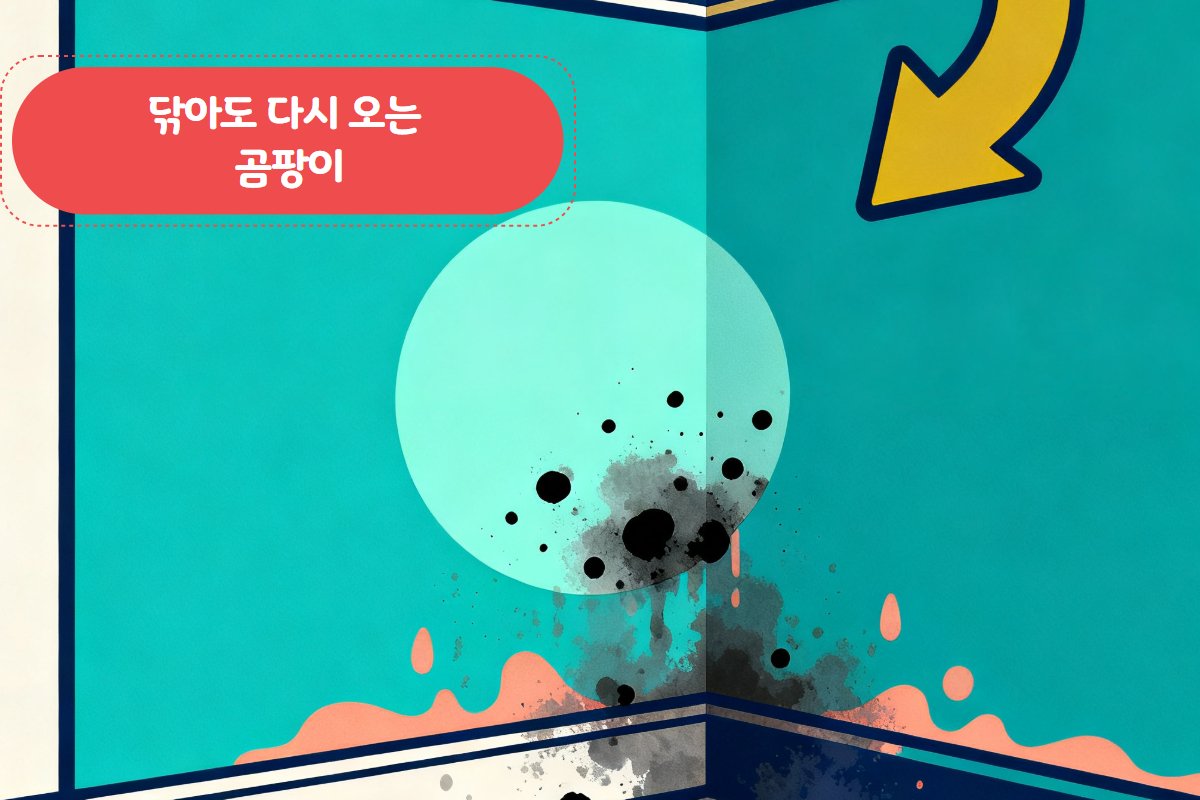 같은 벽 모서리에 반복해서 올라온 곰팡이 흔적 — 닦은 자국과 재발 경계선 비교