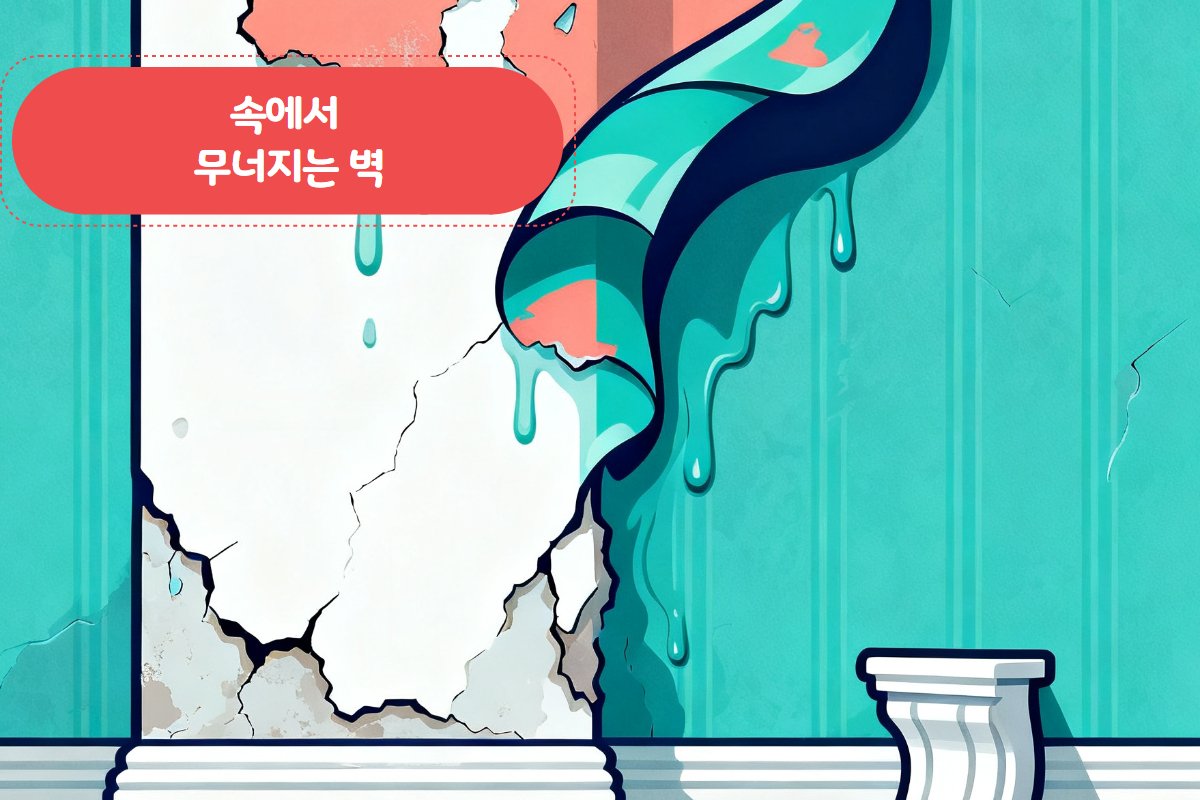 석고보드 부풀어 오름과 벽지 들뜸 클로즈업 — 누수 곰팡이로 인한 자재 손상