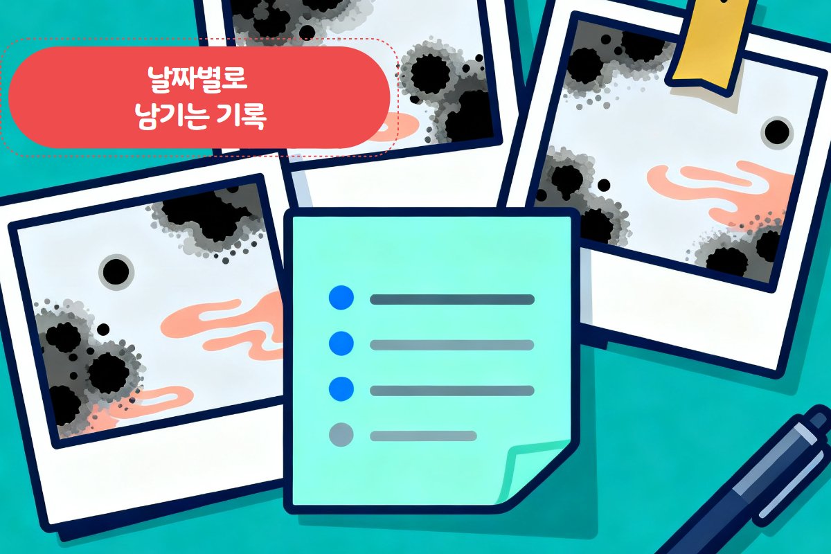 누수 피해 기록 — 날짜·위치 메모와 곰팡이 사진 출력물 자료