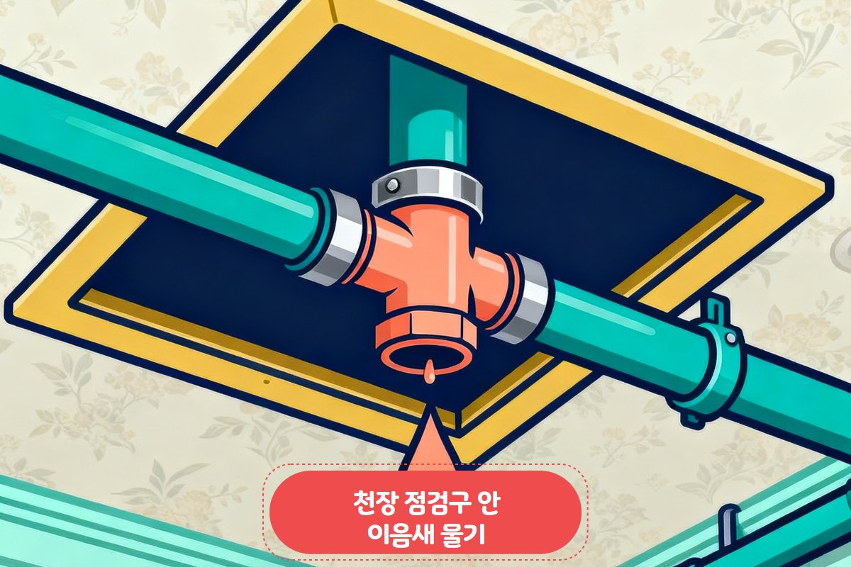 천장 점검구 안쪽 냉온수배관 이음새 물기 — 압력 누수 클로즈업