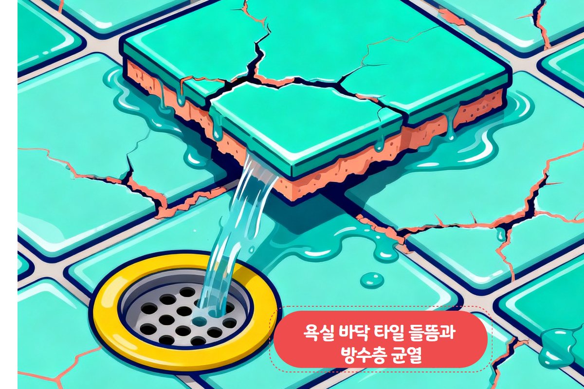 욕실 바닥 타일 들뜸과 방수층 균열 — 줄눈 벌어진 부분 클로즈업