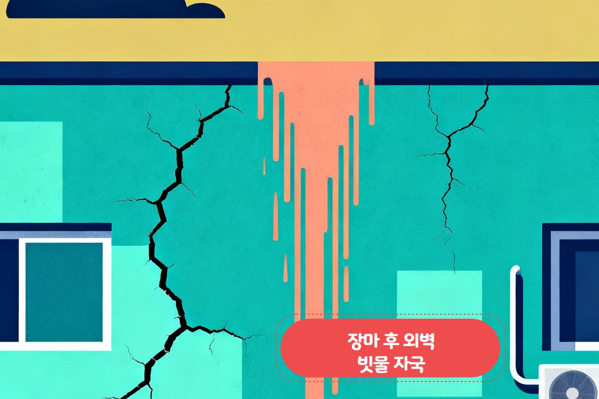 장마 후 외벽 빗물 자국 — 균열 라인을 따라 흘러내린 흔적