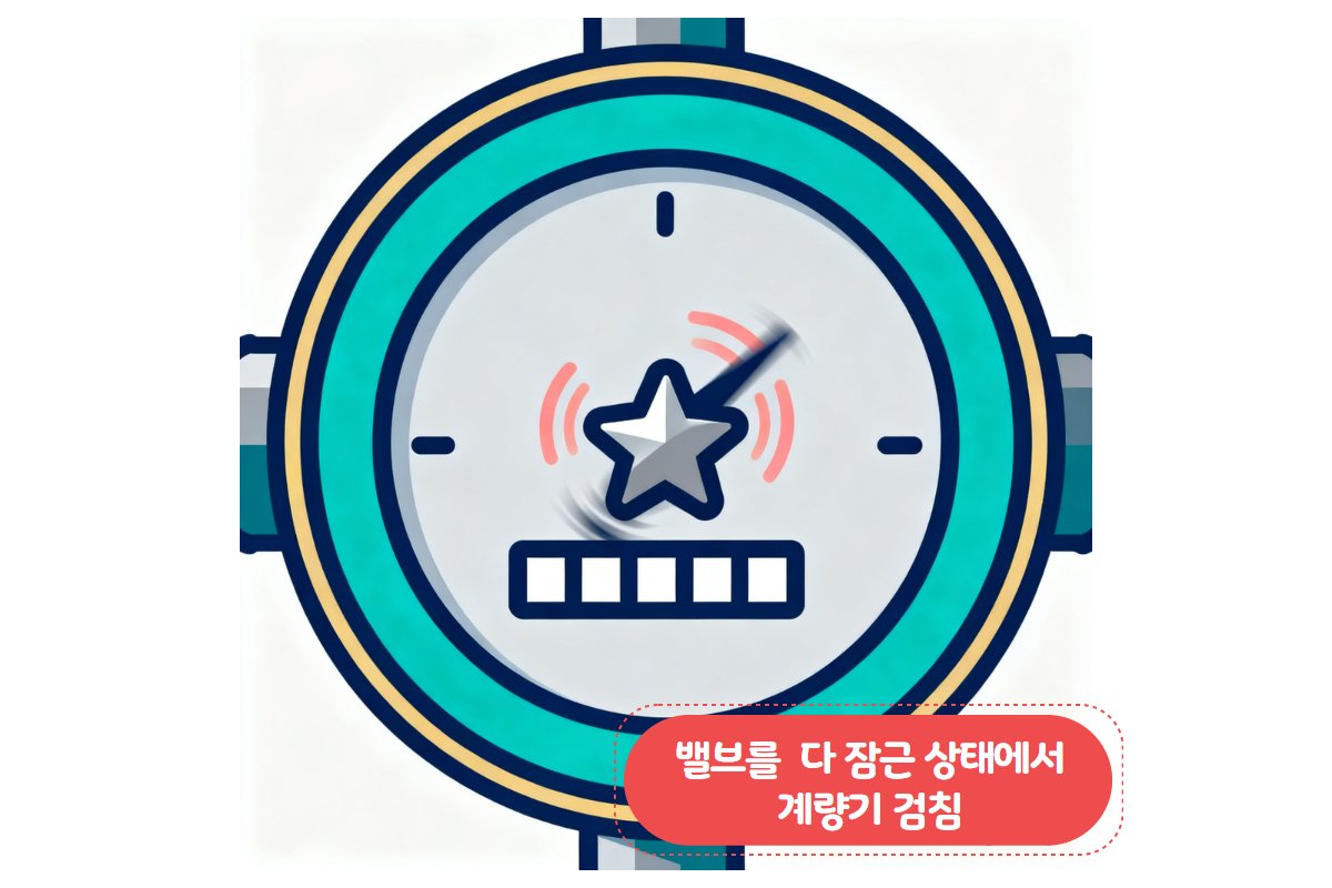 수도계량기 은색 별침 클로즈업 — 모든 밸브 잠금 상태에서 누수 확인 중