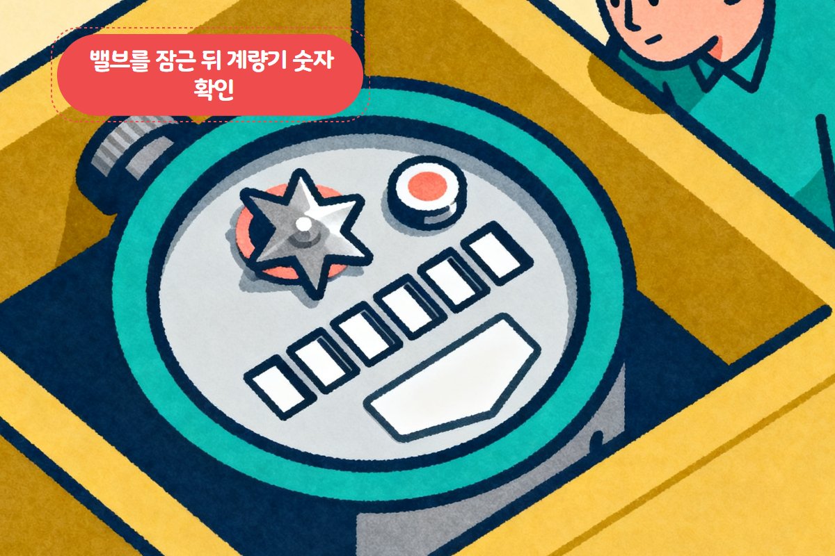 수도계량기 은침 클로즈업 — 모든 밸브를 잠근 상태에서 침 위치 확인