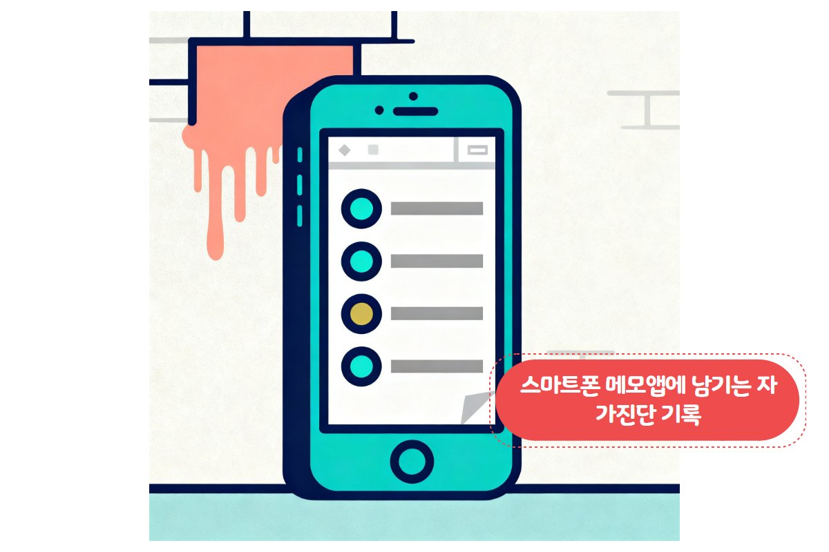벽 얼룩 위치와 날짜 메모 — 스마트폰 메모앱에 기록한 자가진단 노트
