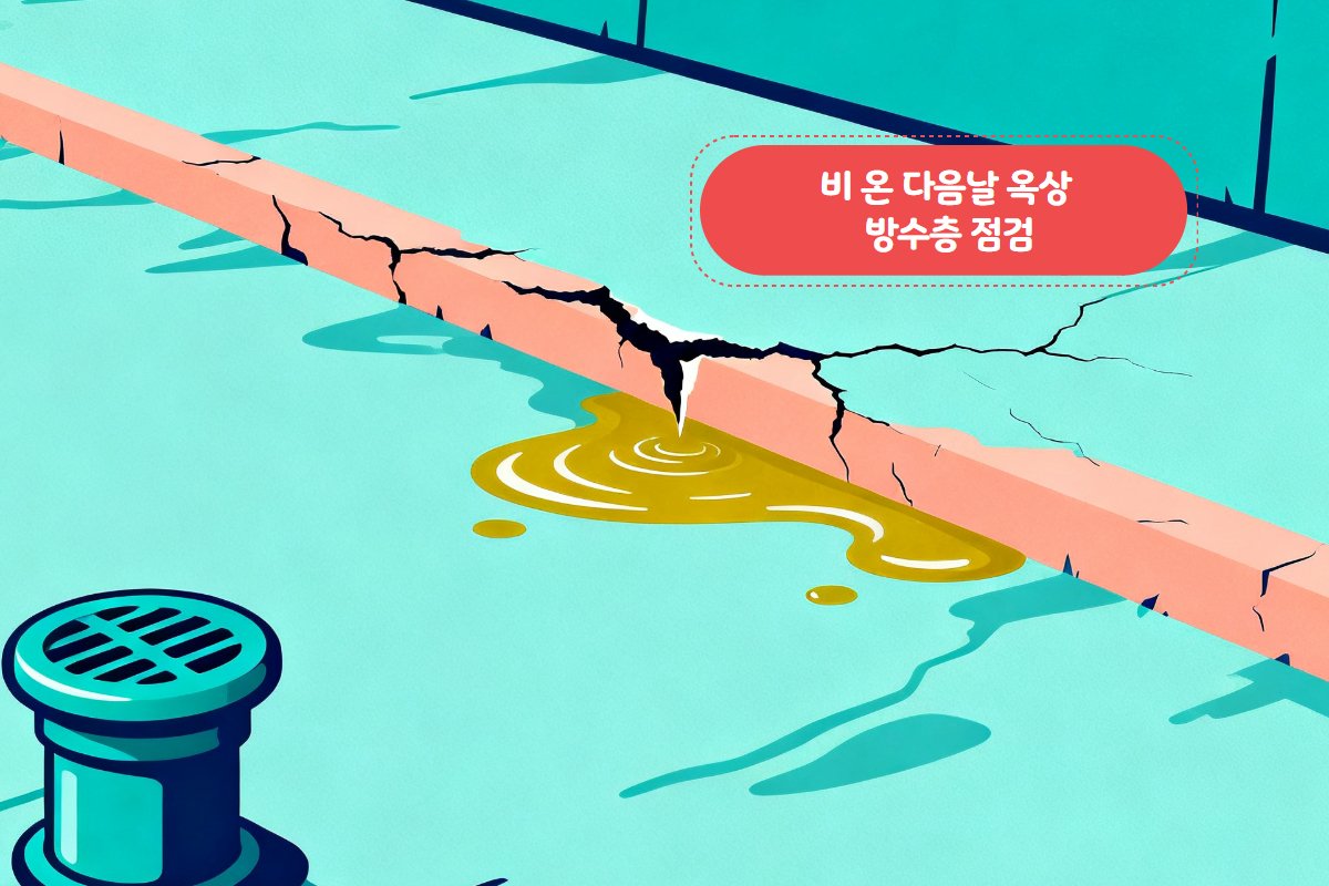 비 온 다음날 옥상 방수층 상태 확인 — 크랙과 물고임 점검