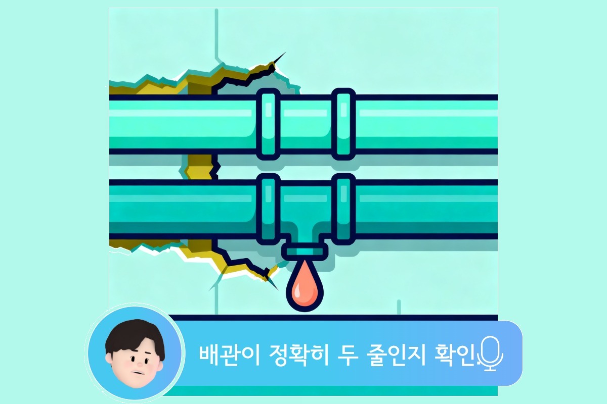 벽 속 나란한 배관 두 줄 가운데 아래쪽 이음매에서만 맺혀 떨어지는 물방울