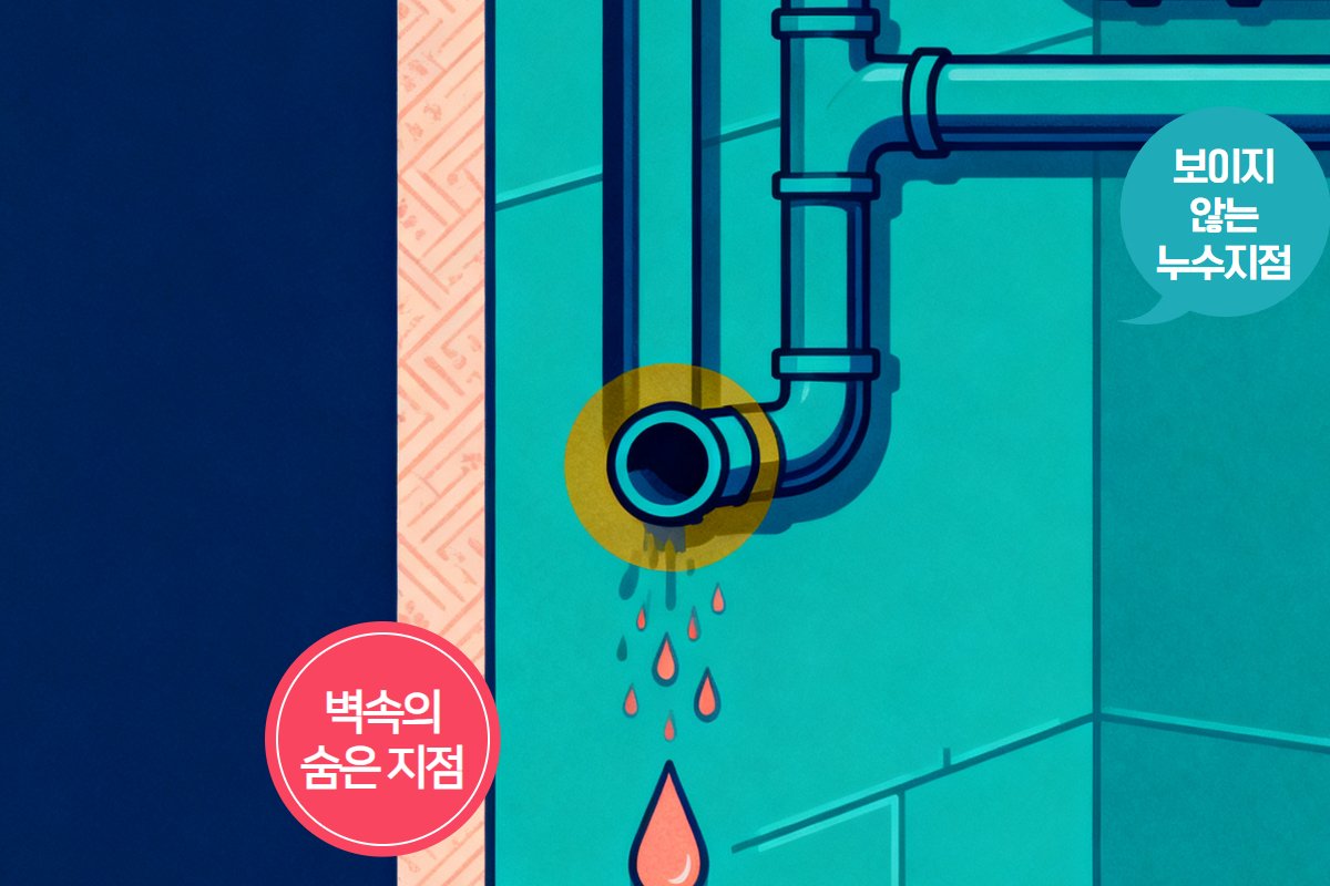 벽 속 매립 배관 단면 도해 — 보이지 않는 누수 위치 표시