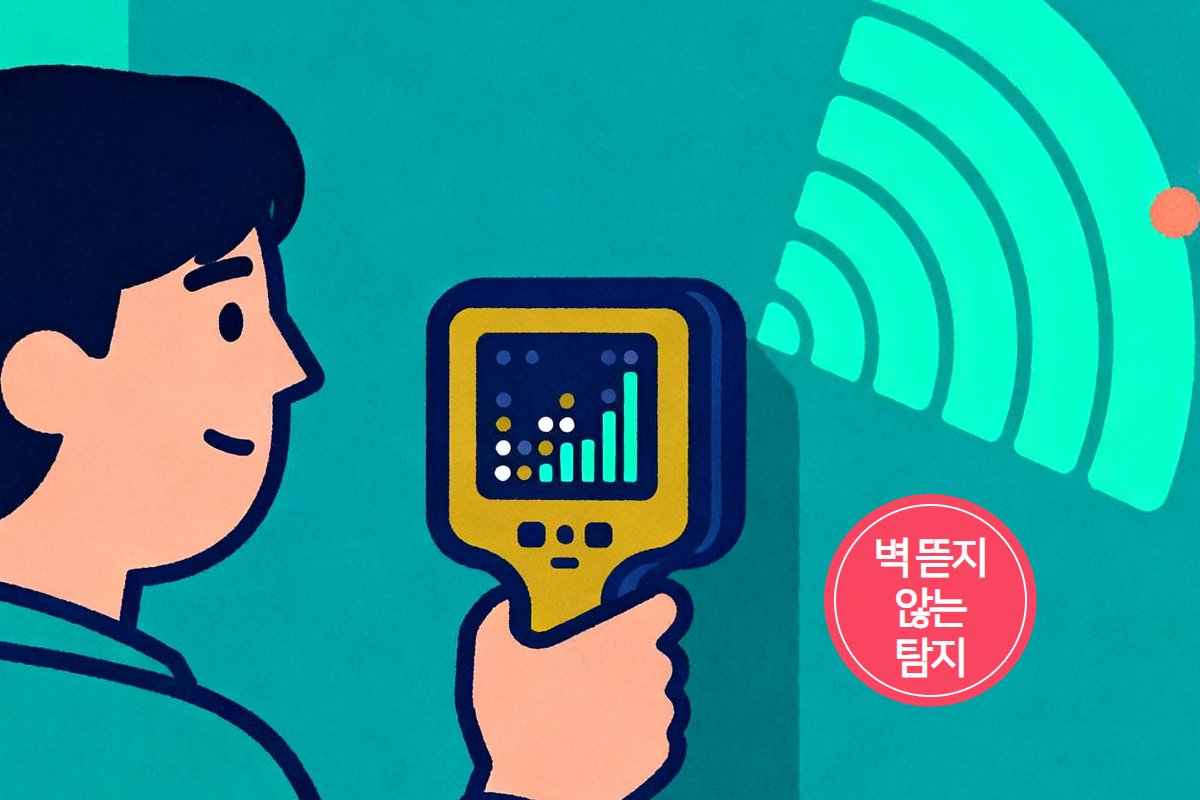 비파괴 탐지 장비를 벽에 대고 위치를 좁히는 모습 — 벽은 그대로