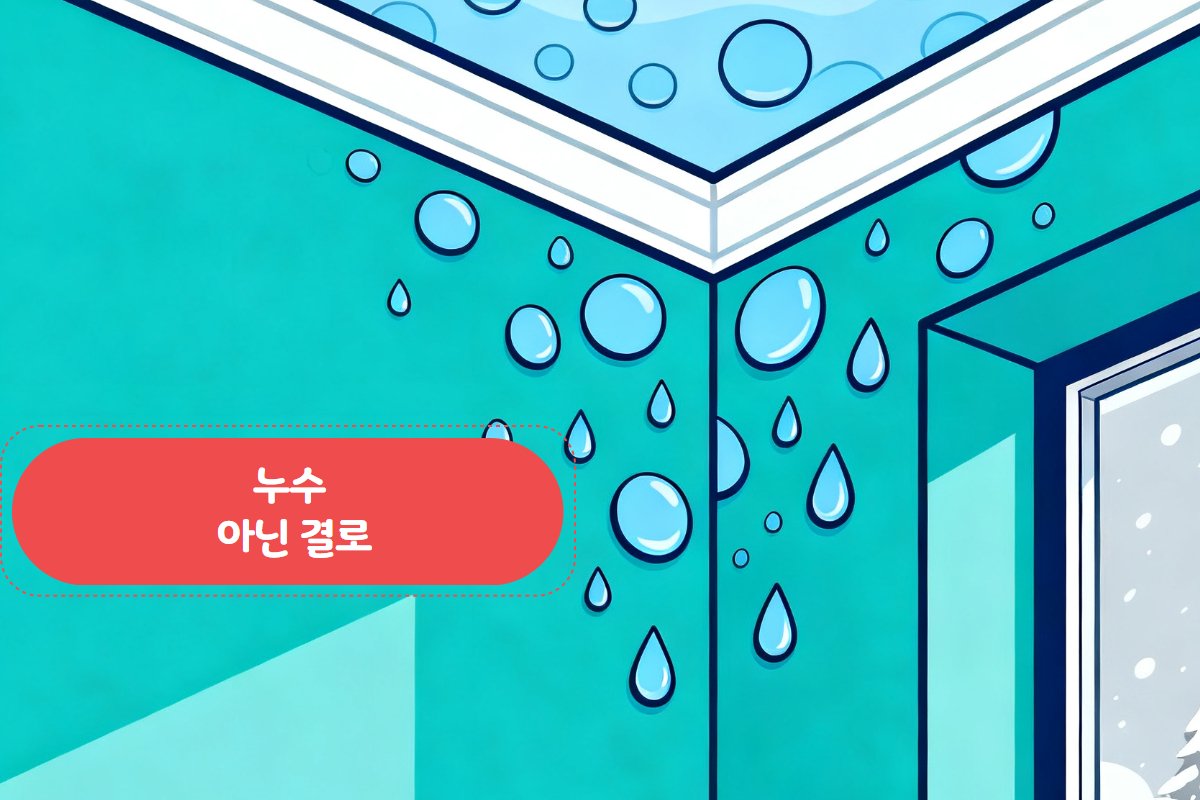 확장 베란다 외벽 코너 결로 — 흰 곰팡이 점 동반된 천장 모서리 클로즈업