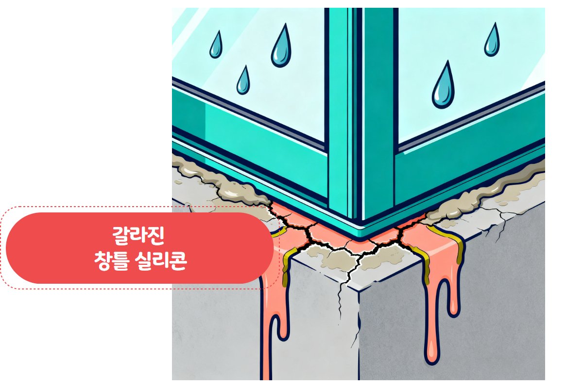 베란다 새시 코너 실리콘 노후 — 수축해서 갈라진 실리콘 라인 클로즈업