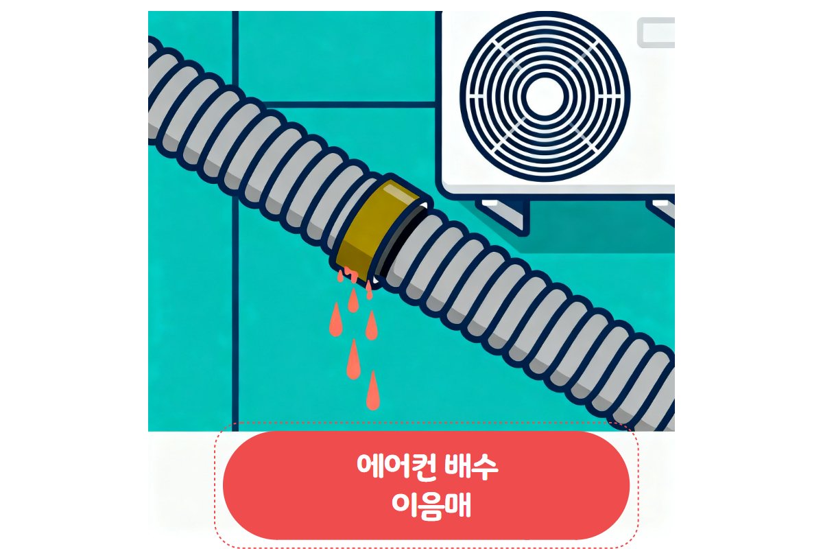베란다 에어컨 배수관 연결부 — 이음새 틈새 물기 흔적 클로즈업