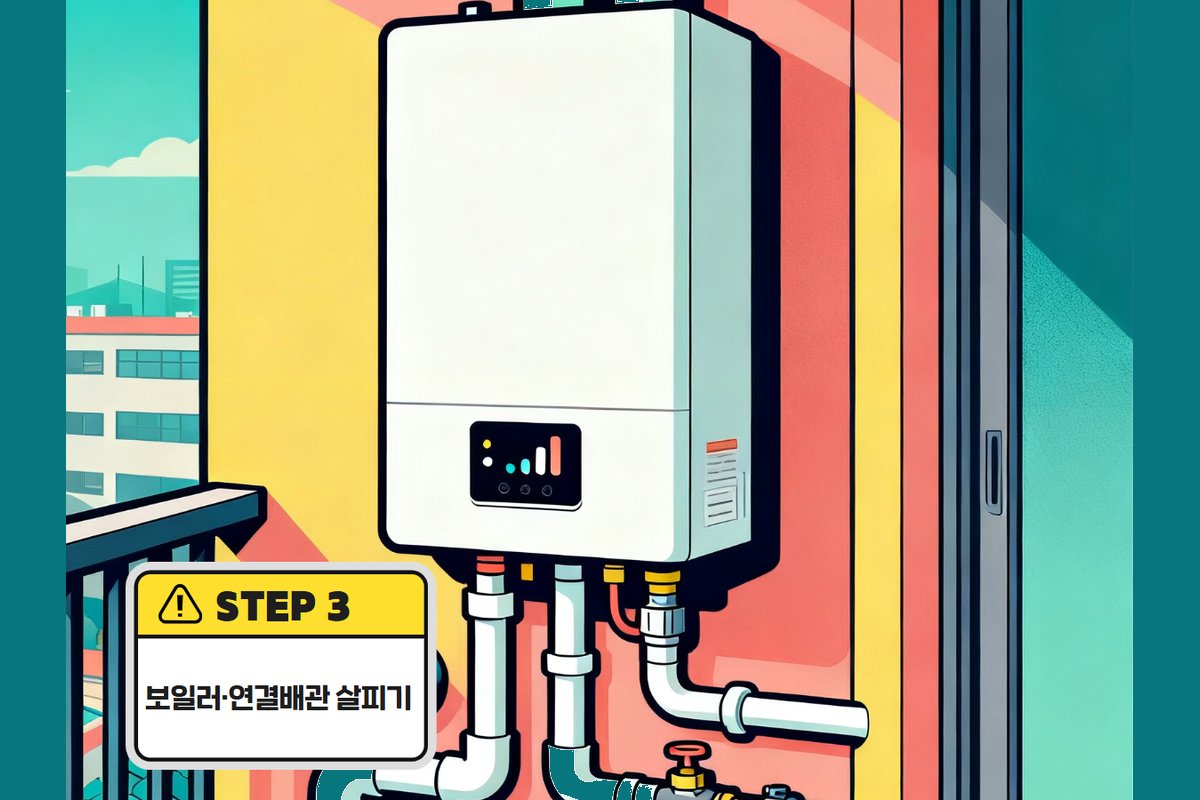 보일러실 광각 — 배관 라우팅과 수압계 위치