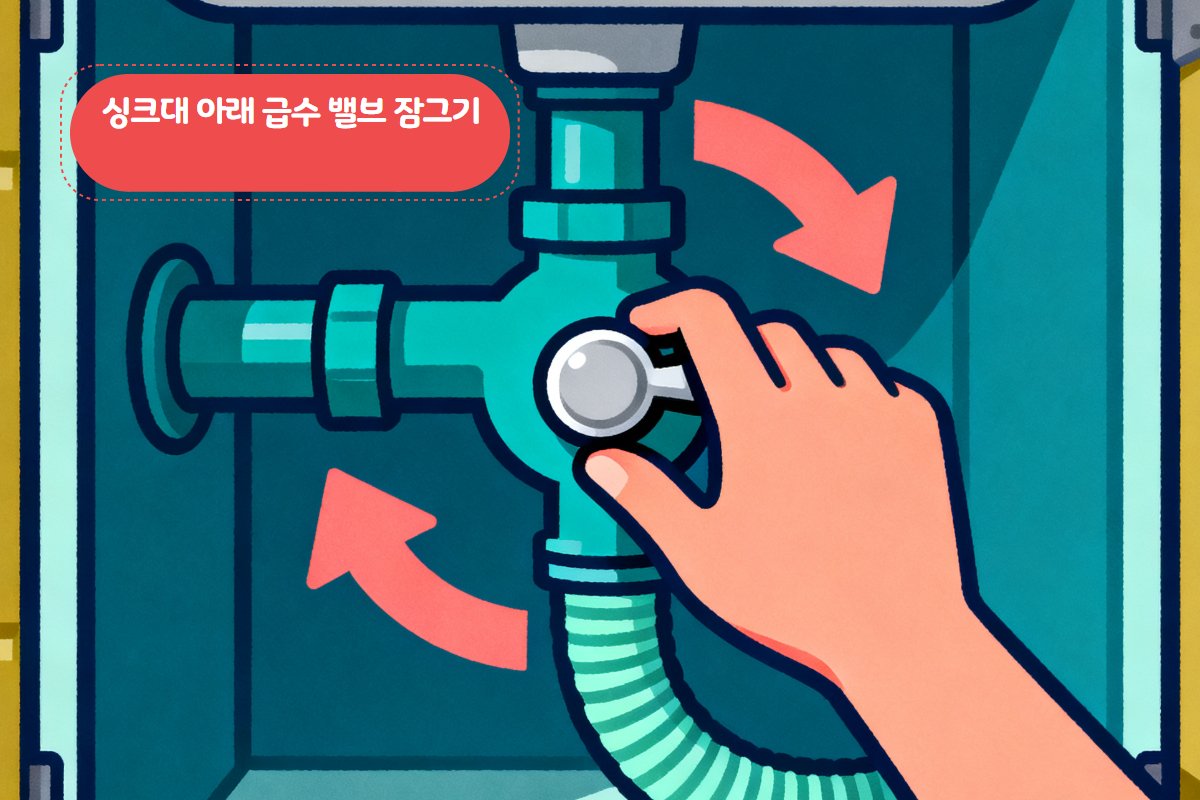 주방 싱크대 아래 급수 밸브 잠금 위치 — 시계 방향 잠금