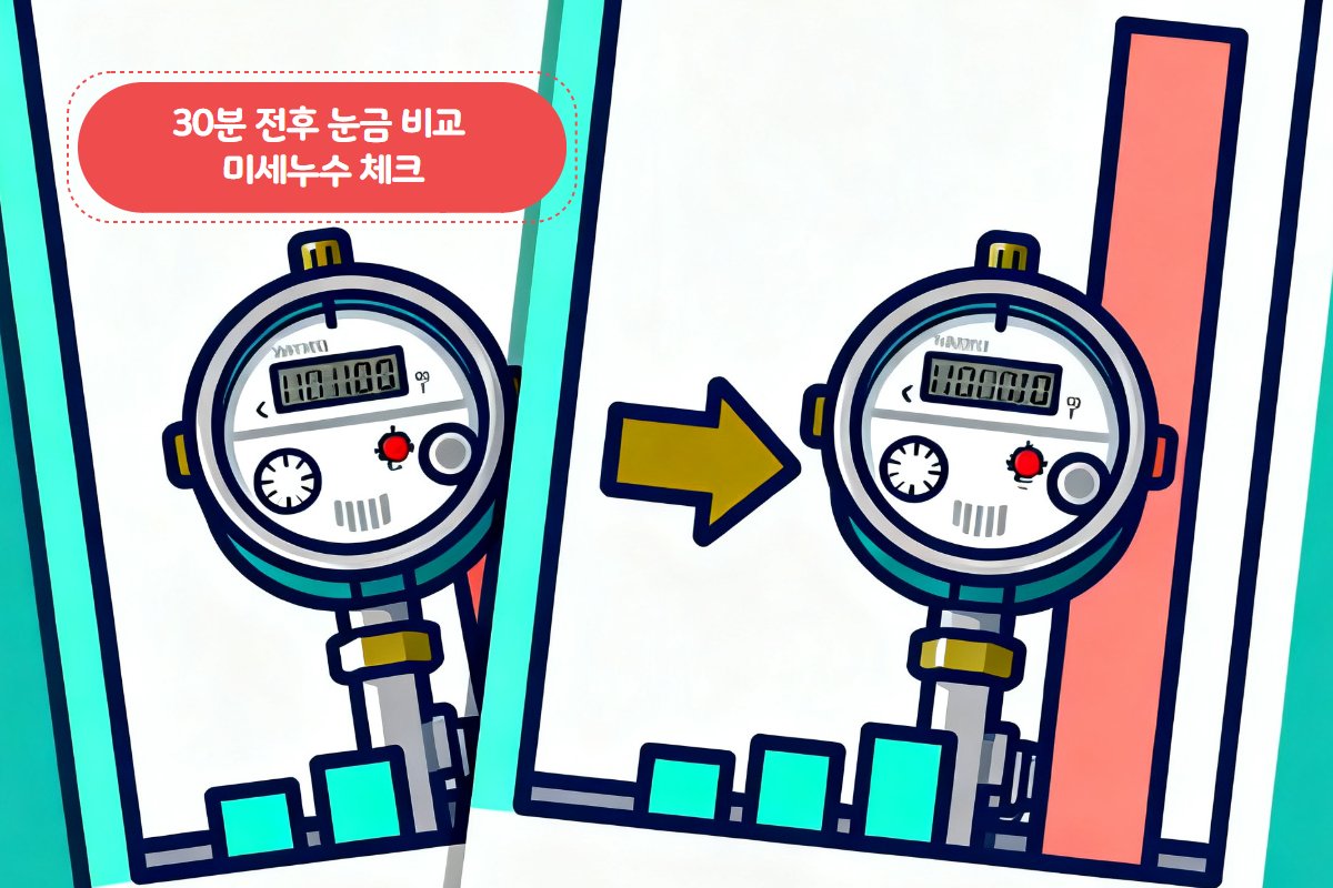 계량기 눈금 30분 전후 비교 사진 — 미세누수 체크