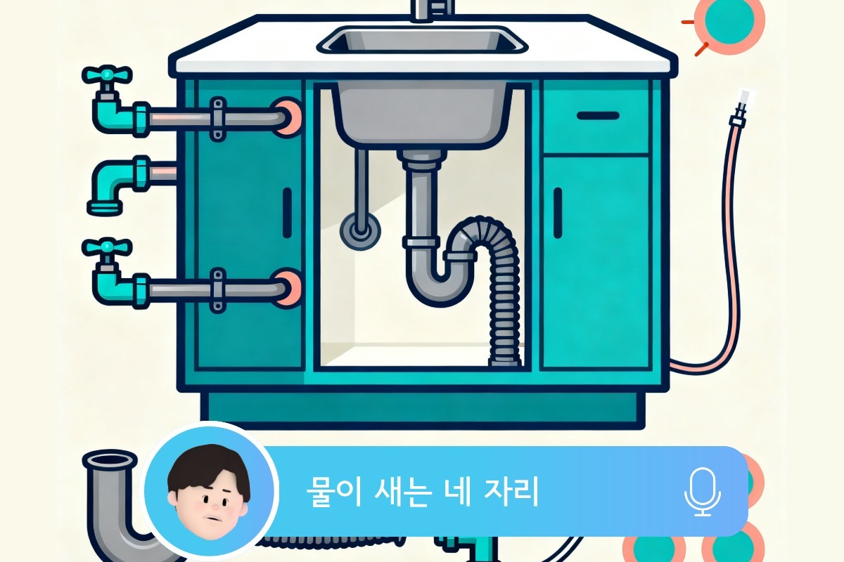 싱크대 하부장 내부 구조 도식 — 배수관·급수관·실리콘·정수기 위치 표기