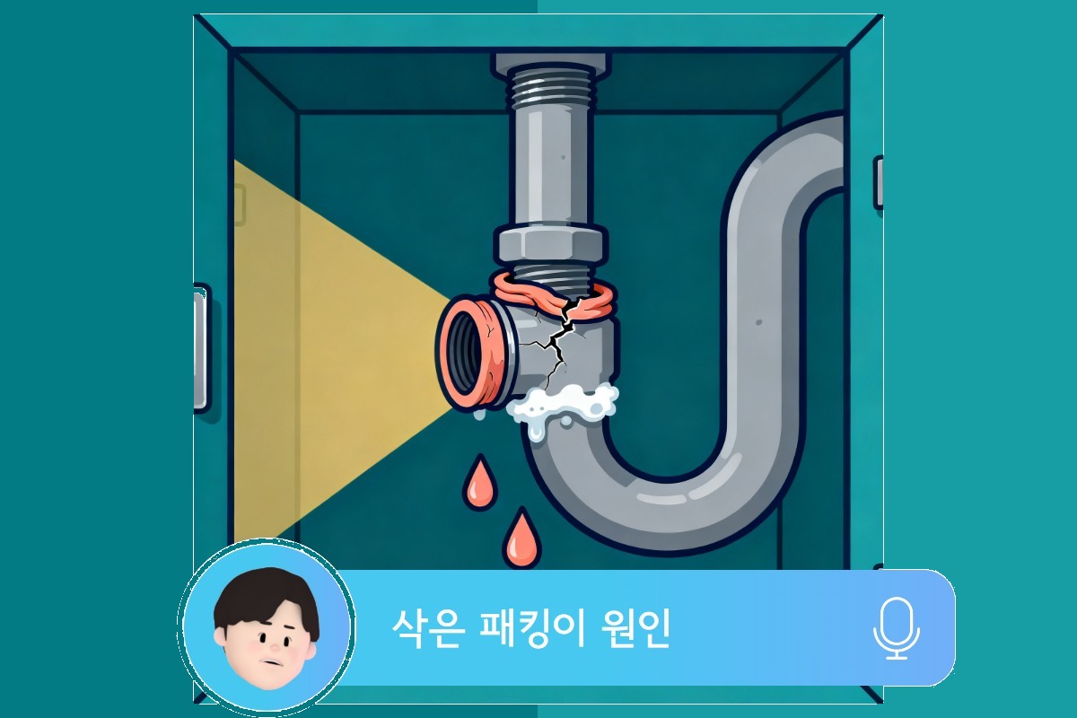 배수 트랩 이음매 클로즈업 — 삭은 고무 패킹과 물때 흔적