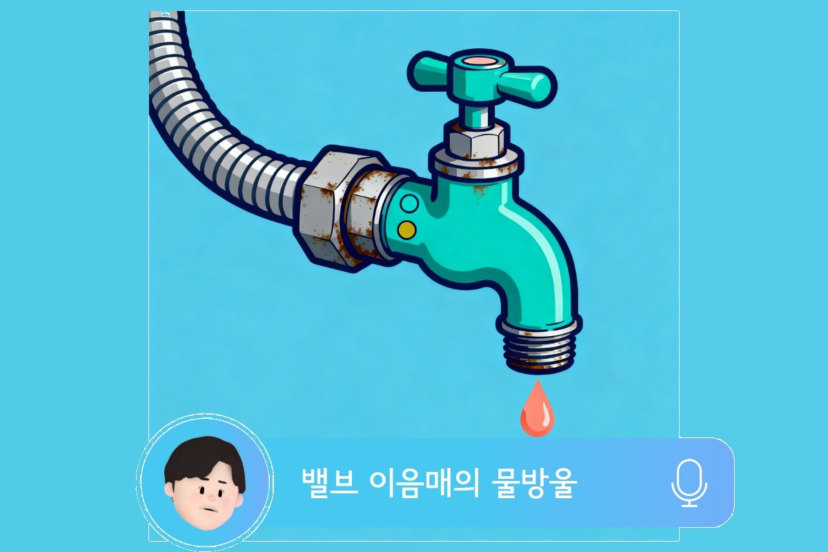 싱크대 앵글 밸브와 급수 호스 이음매 — 산화 흔적과 물방울