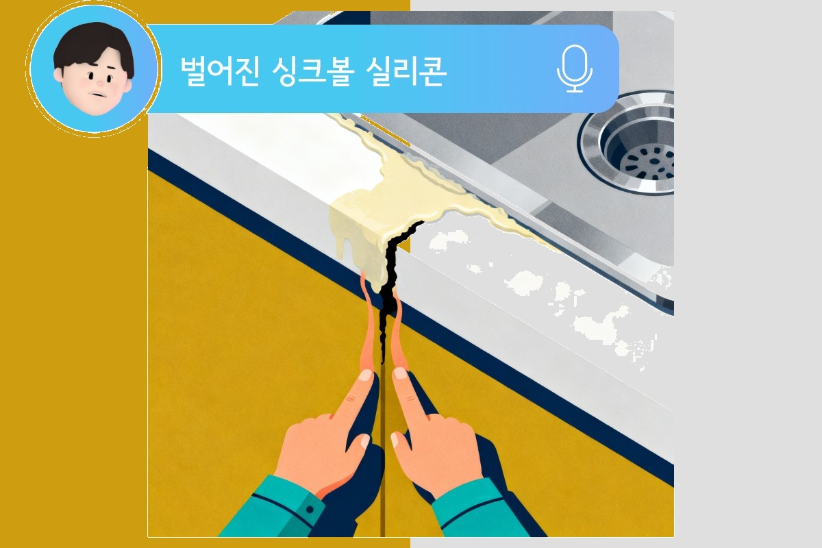 싱크볼 둘레 실리콘 균열 클로즈업 — 손가락으로 틈새를 벌린 상태
