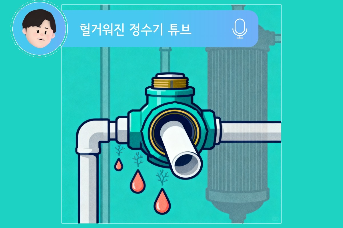 정수기 튜브 이음매 클로즈업 — 연결부에 맺힌 물방울