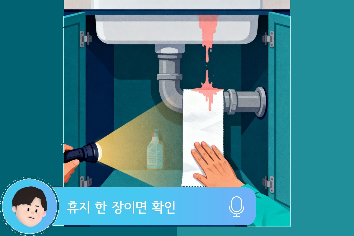 화장지로 배수 트랩 이음매 물기를 짚어보는 셀프 확인 장면