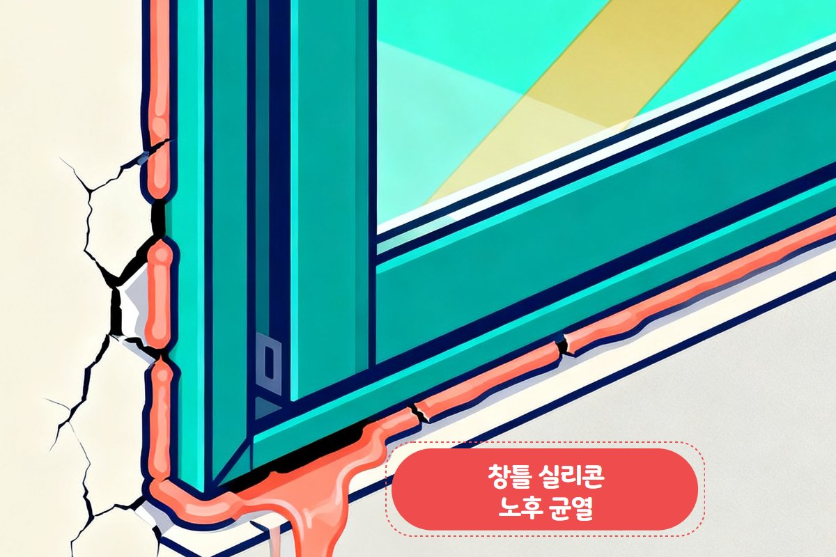 창틀 실리콘 균열 라인 — 햇빛 역광에서 갈라진 부분 강조