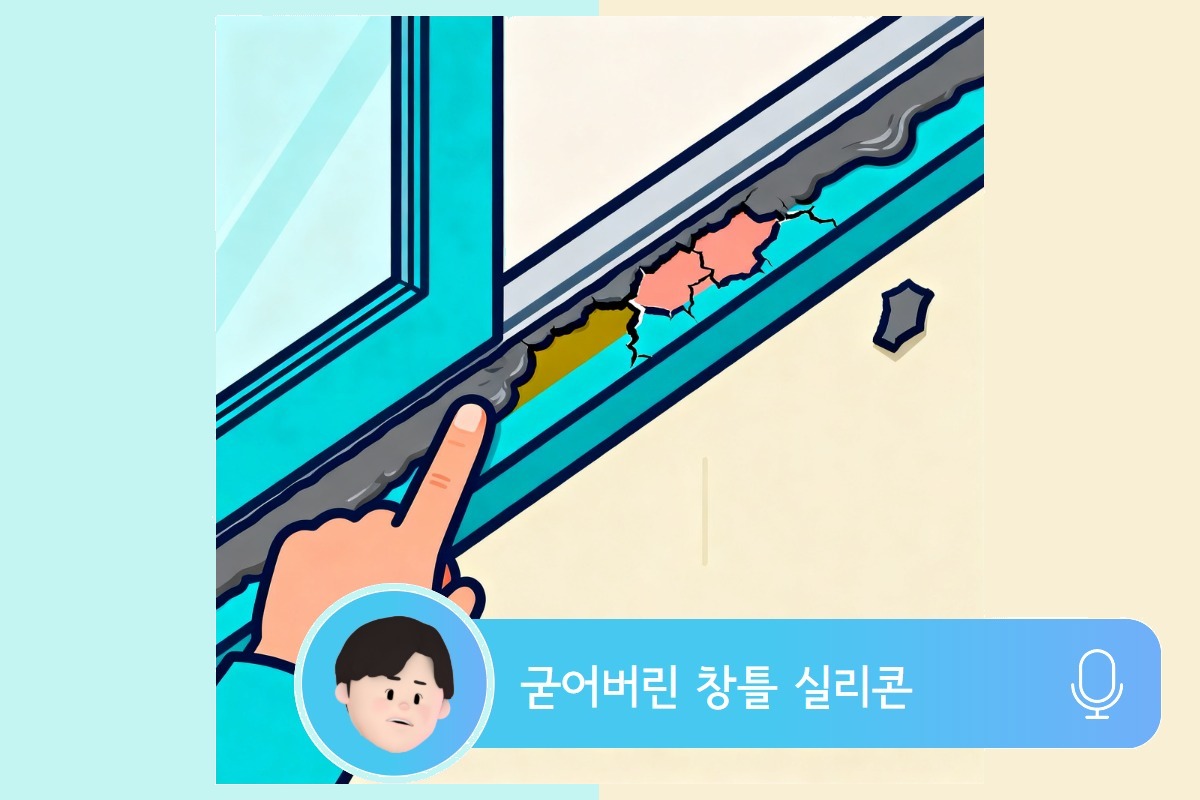 창틀 새시 주변 실리콘 노화 — 균열과 변색 클로즈업