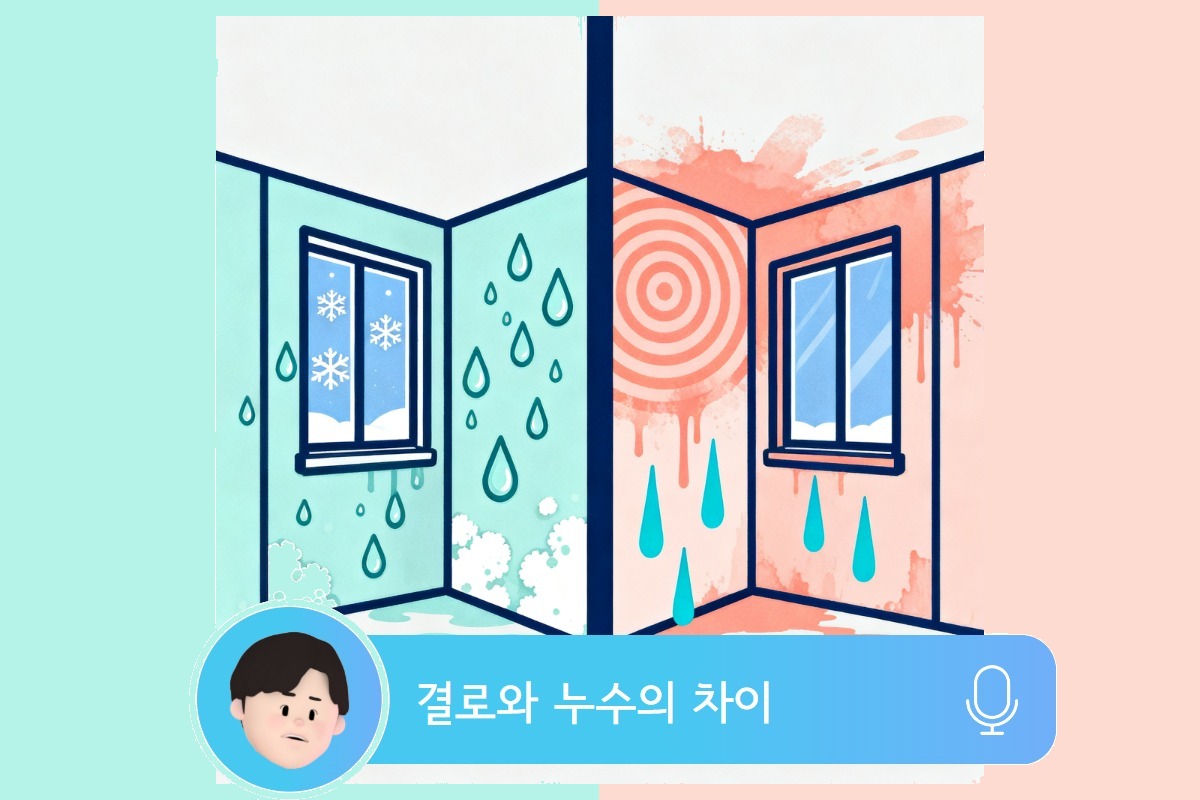 결로(흰 곰팡이, 겨울)와 외벽 누수(갈색 얼룩, 비 연동) 페어 비교