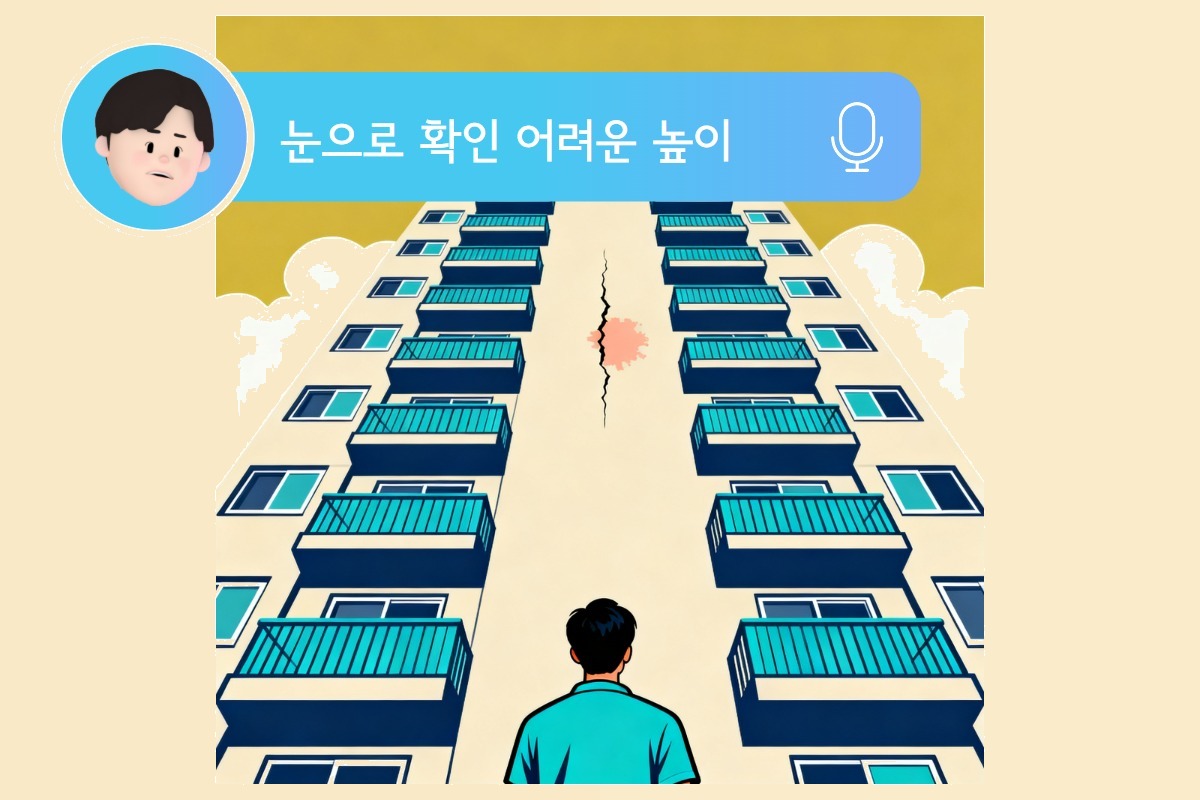 고층 아파트 외벽 전경 — 지상에서 올려다본 외벽, 자가 점검 한계 시각화
