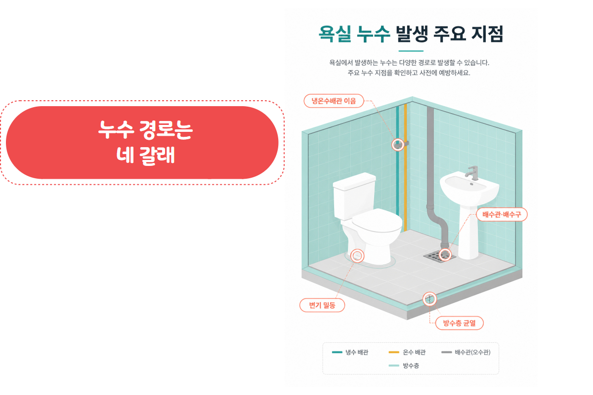 화장실 누수 4갈래 경로 도해 — 냉온수배관·배수관·방수층·기구 연결부