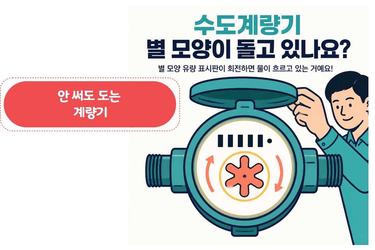 수도계량기 은침 클로즈업 — 모든 밸브 잠근 상태에서 회전 여부 확인