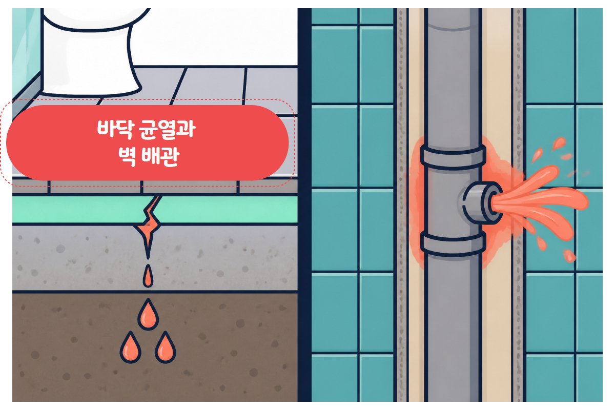 방수층 노후 균열(왼쪽)과 벽 속 배관 누수(오른쪽) 비교