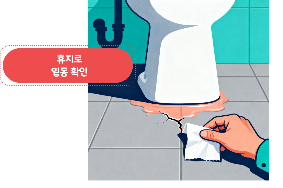 변기 밑동 실리콘과 세면대 배수 트랩 이음매 — 휴지 테스트 장면