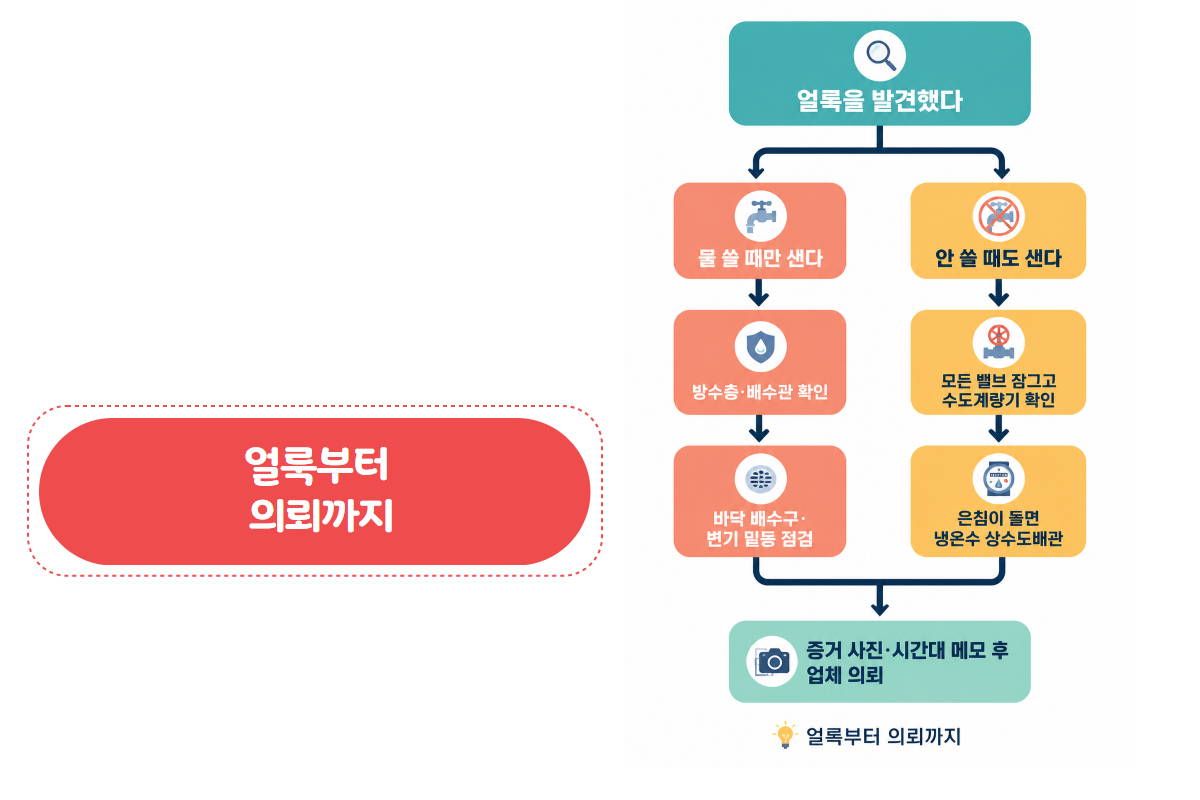 화장실 누수 자가진단 5단계 흐름표 인포그래픽