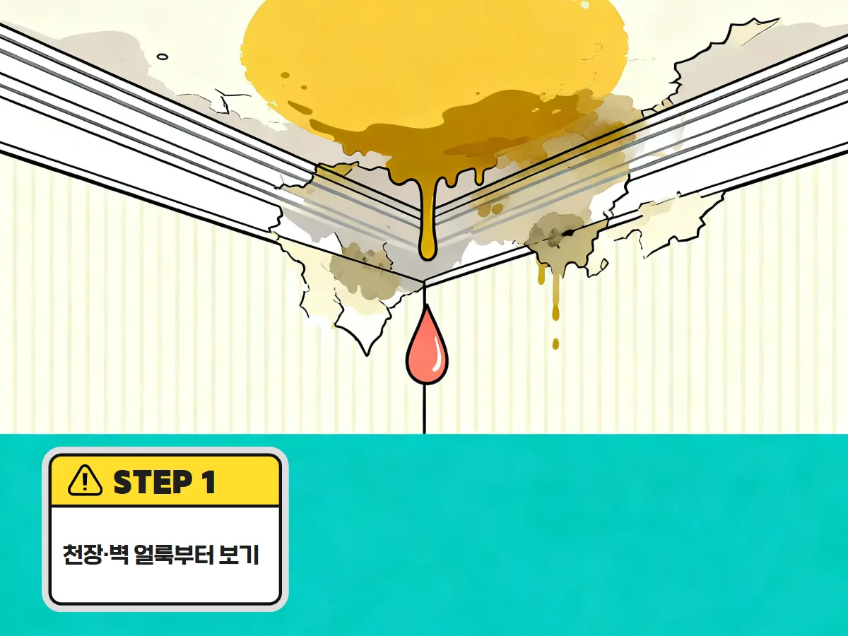 천장 모서리에 번진 누런 물 자국을 가까이서 살펴보는 모습