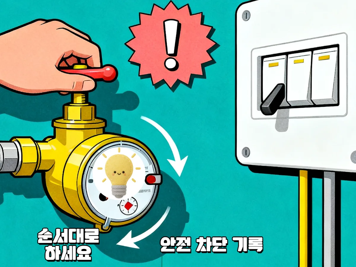 수도 메인 밸브를 잠그는 손과 세대 분전반을 그린 일러스트 — 응급 누수 첫 대처 순서 안내